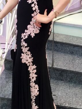 Black Evening Gown with Pink Lace Appliqué